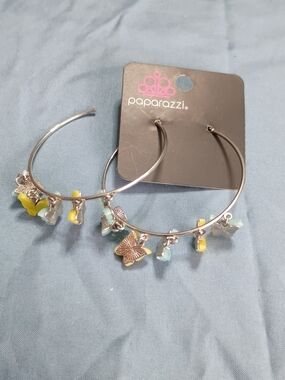 Paparazzi Silver Hoop Earrings with Yellow & Aqua Charms and Butterfly Accents